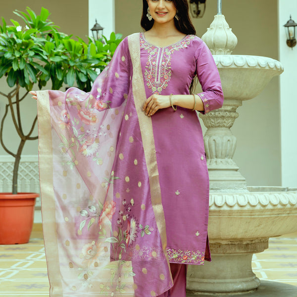 Sonakshi Women's Lavender Viscose Chanderi Silk Embroidered Beads Kurta Set with Dupatta - Distacart