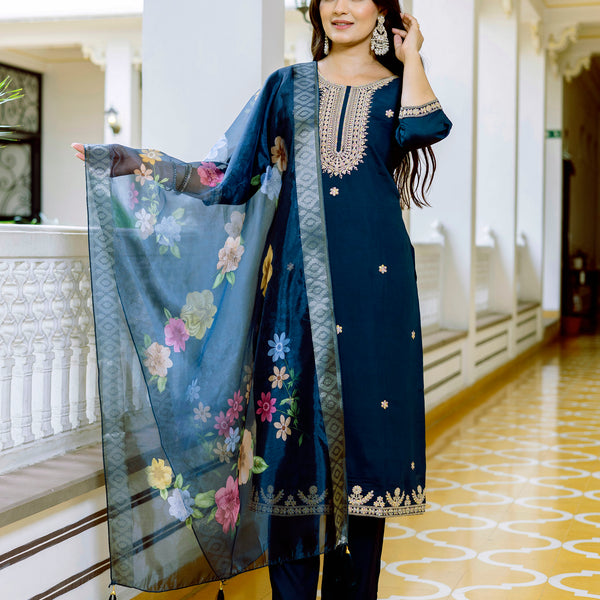 Sonakshi Women's Navy Blue Viscose Chanderi Embroidered Kurta Set with Dupatta - Distacart