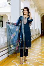 Thumbnail for Sonakshi Women's Navy Blue Viscose Chanderi Embroidered Kurta Set with Dupatta - Distacart