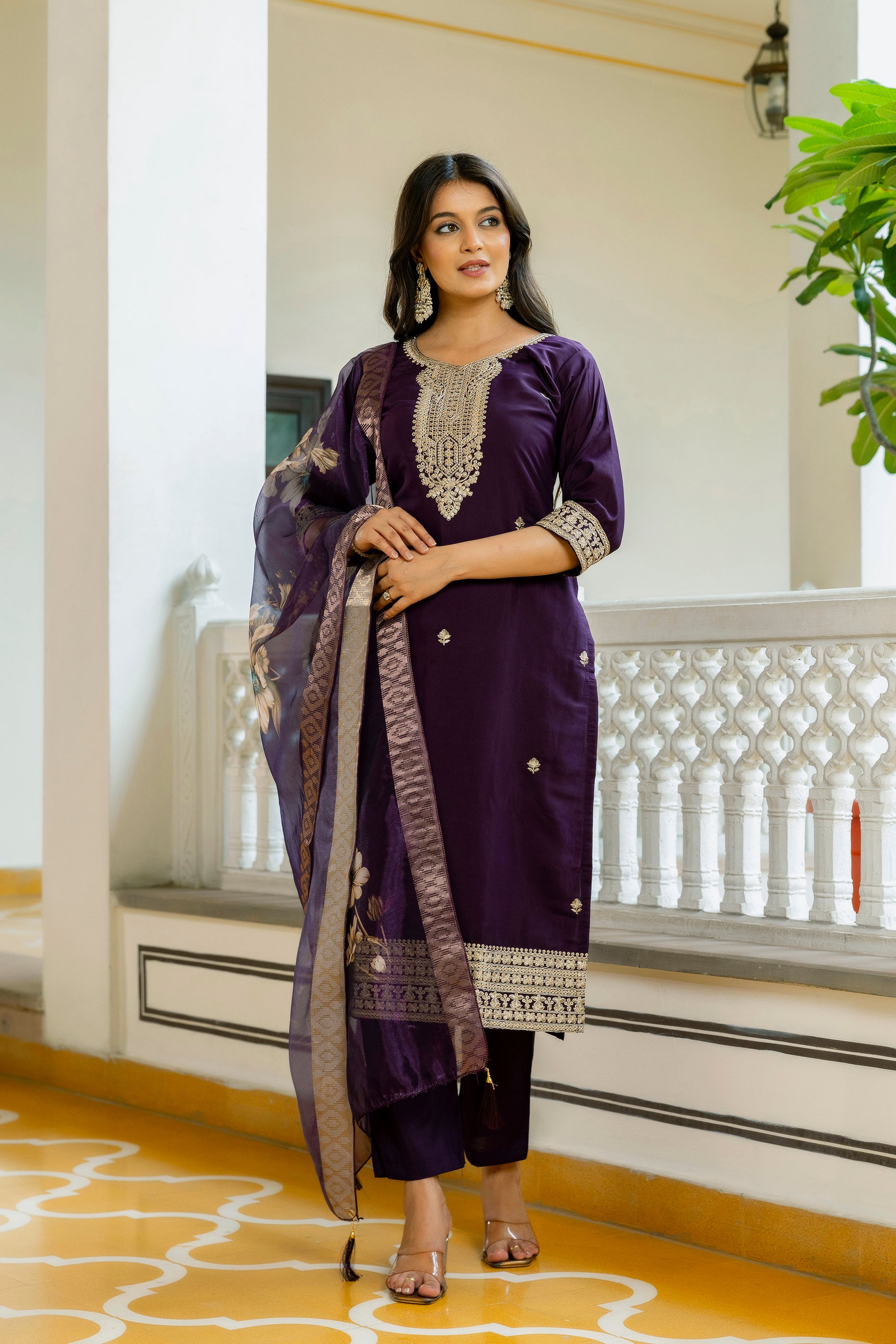 Sonakshi Women's Purple Viscose Chanderi Embroidered Kurta Set with Dupatta