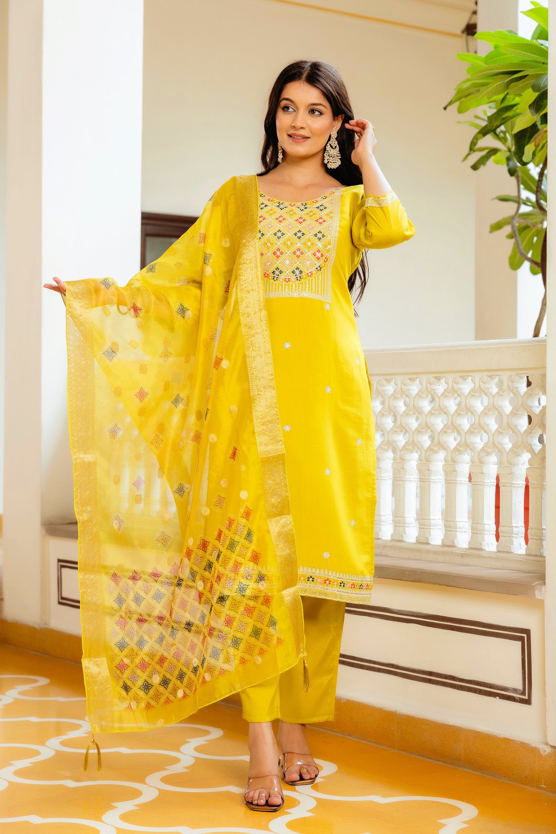 Sonakshi Women's Yellow Viscose Shimmer Embroidered Kurta Set with Dupatta
