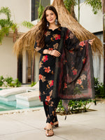 Thumbnail for Sonakshi Women's Black Silk Blend Printed Kurta Set with Dupatta - Distacart