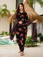 Thumbnail for Sonakshi Women's Black Silk Blend Printed Kurta Set with Dupatta - Distacart