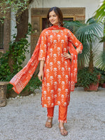 Thumbnail for Sonakshi Women's Orange Cotton Blend Printed Kurta Set with Dupatta - Distacart