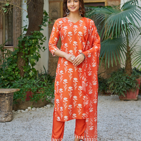 Sonakshi Women's Orange Cotton Blend Printed Kurta Set with Dupatta - Distacart