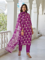 Thumbnail for Sonakshi Women's Purple Cotton Blend Printed Kurta Set with Dupatta - Distacart