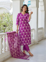 Thumbnail for Sonakshi Women's Purple Cotton Blend Printed Kurta Set with Dupatta - Distacart