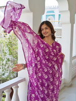 Thumbnail for Sonakshi Women's Purple Cotton Blend Printed Kurta Set with Dupatta - Distacart