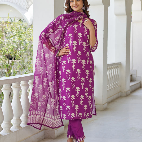 Sonakshi Women's Purple Cotton Blend Printed Kurta Set with Dupatta - Distacart