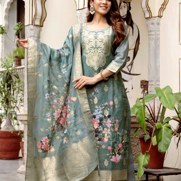 Sonakshi Women's Grey Chanderi Cotton Printed Kurta Set with Dupatta - Distacart