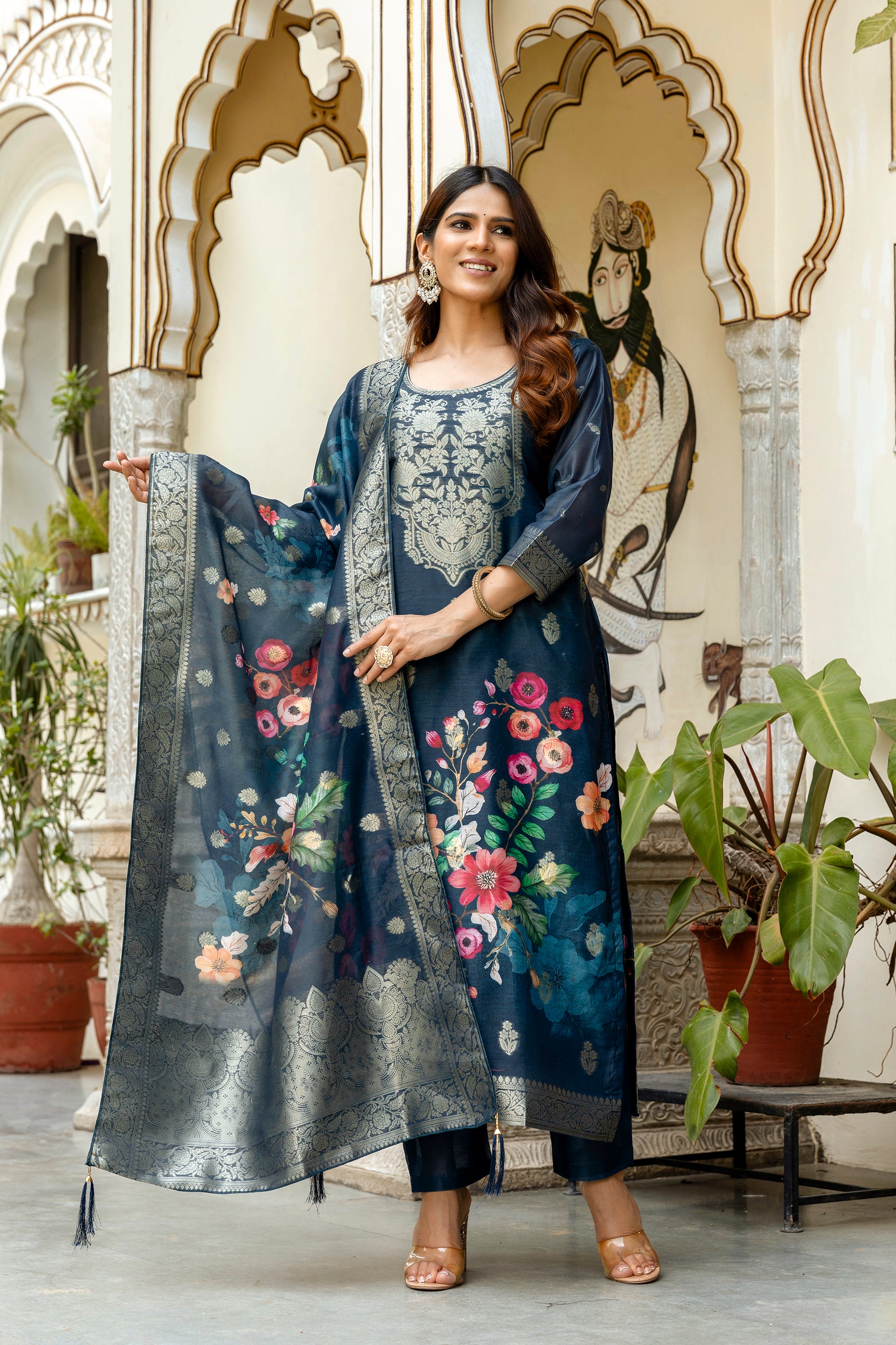 Sonakshi Women's Navy Blue Chanderi Cotton Printed Kurta Set with Dupatta
