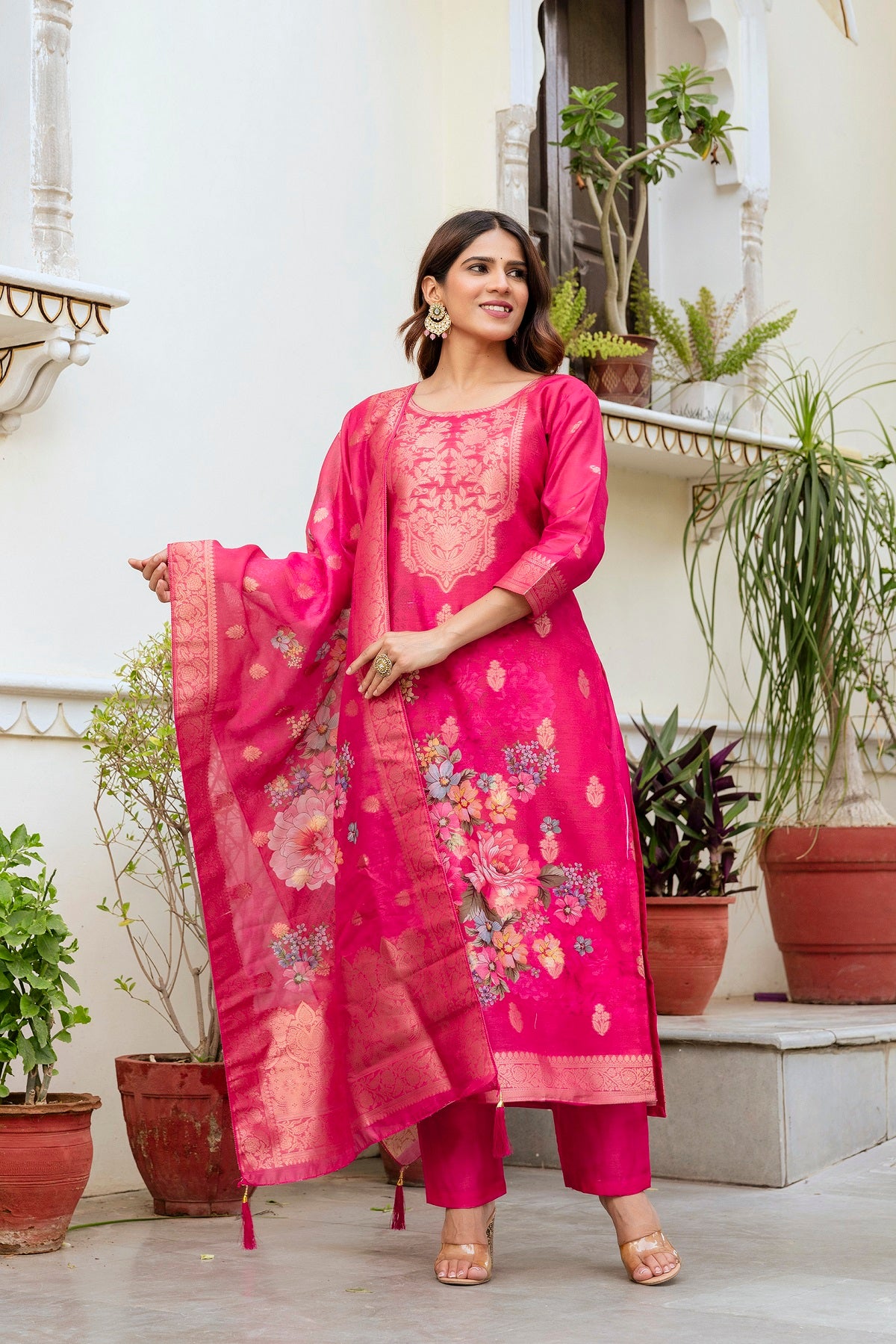 Sonakshi Women's Pink Chanderi Cotton Printed Kurta Set with Dupatta - Distacart