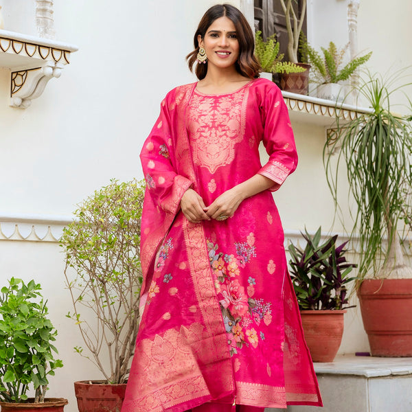 Sonakshi Women's Pink Chanderi Cotton Printed Kurta Set with Dupatta - Distacart
