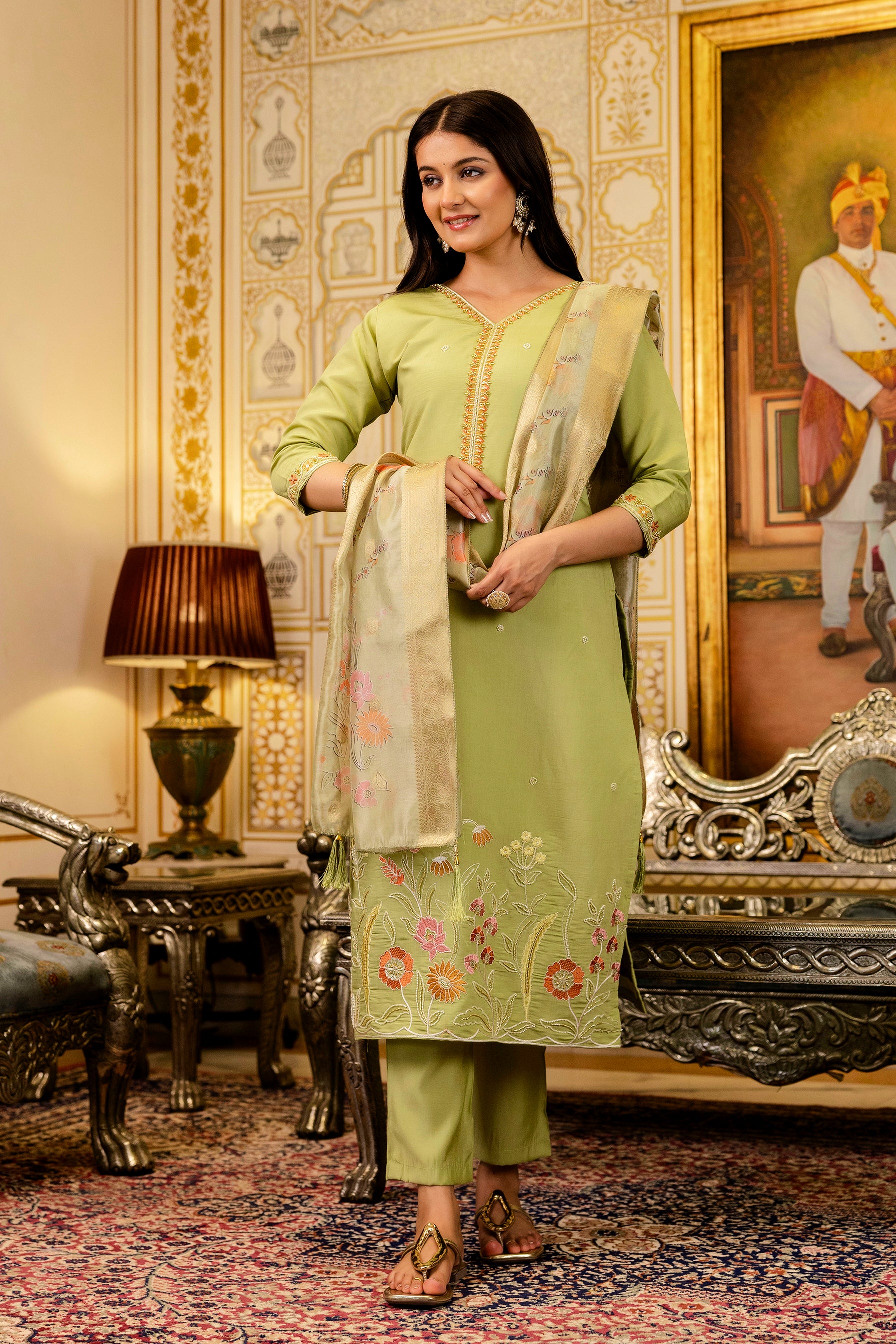 Sonakshi Women's Pista Viscose Shimmer Embroidered Kurta Set with Dupatta - Distacart