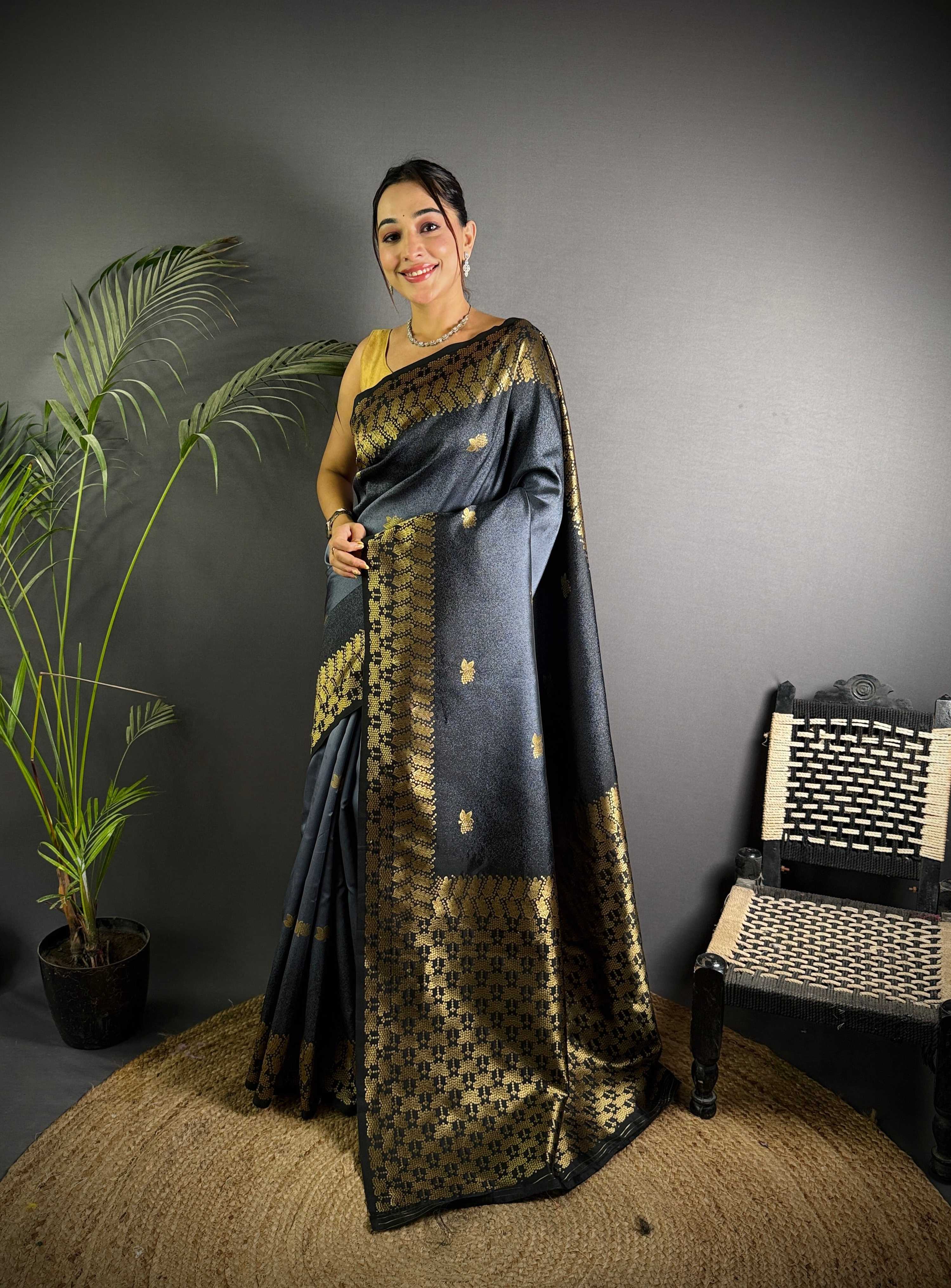 Sonakshi Women'S Grey Ikkat Silk Zari Woven Traditional Saree With Blouse - Distacart