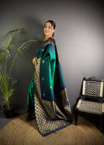 Thumbnail for Sonakshi Women'S Teal Ikkat Silk Zari Woven Traditional Saree With Blouse - Distacart
