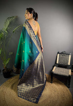 Thumbnail for Sonakshi Women'S Teal Ikkat Silk Zari Woven Traditional Saree With Blouse - Distacart