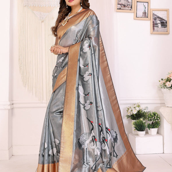 Sonakshi Women'S Grey Premium Tissue Silk Copper-Gold Border Traditional Saree With Blouse - Distacart