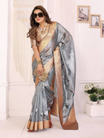 Thumbnail for Sonakshi Women'S Grey Premium Tissue Silk Copper-Gold Border Traditional Saree With Blouse - Distacart