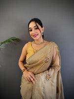 Thumbnail for Sonakshi Women'S Chiku Pure Organza Silk With Attractive Embroidery Work Traditional Saree With Blouse - Distacart