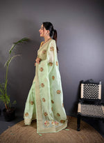 Thumbnail for Sonakshi Women'S Pista Pure Organza Silk With Attractive Embroidery Work Traditional Saree With Blouse - Distacart