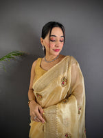 Thumbnail for Sonakshi Women'S Chandan Pure Organza Silk With Attractive Embroidery Work Traditional Saree With Blouse - Distacart