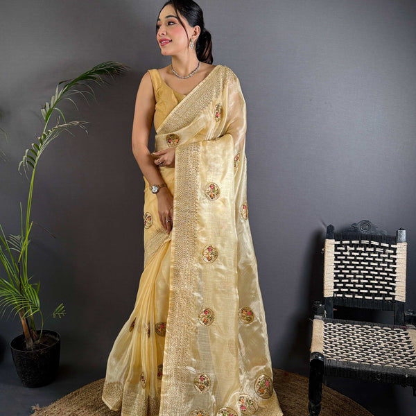 Sonakshi Women'S Chandan Pure Organza Silk With Attractive Embroidery Work Traditional Saree With Blouse - Distacart