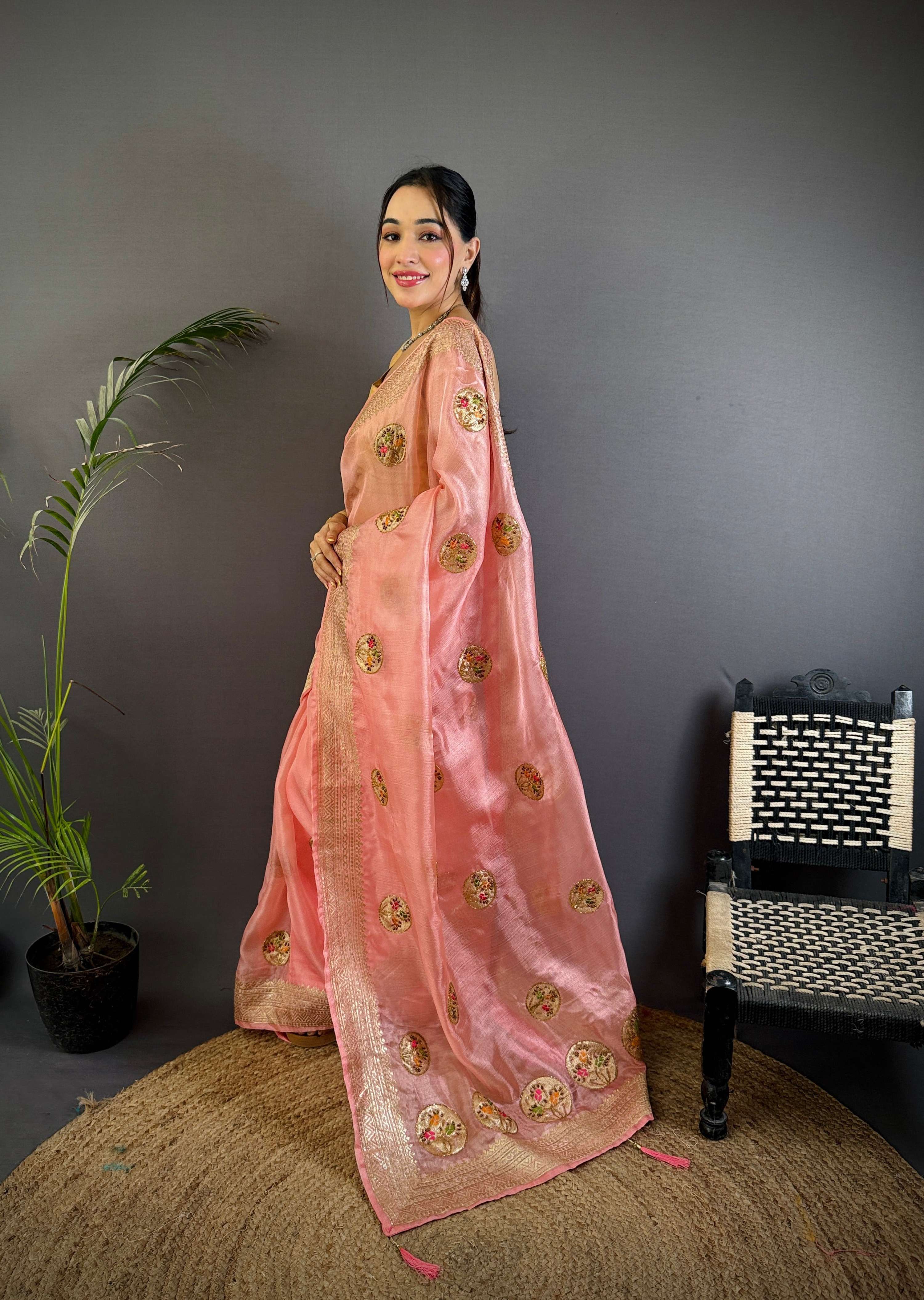 Sonakshi Women'S Gajri Pure Organza Silk With Attractive Embroidery Work Traditional Saree With Blouse - Distacart