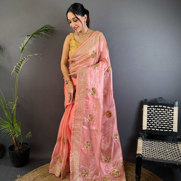 Sonakshi Women'S Gajri Pure Organza Silk With Attractive Embroidery Work Traditional Saree With Blouse - Distacart