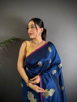 Thumbnail for Sonakshi Women'S Blue Pure Lichi Silk With Weaving Zari Traditional Saree With Blouse - Distacart