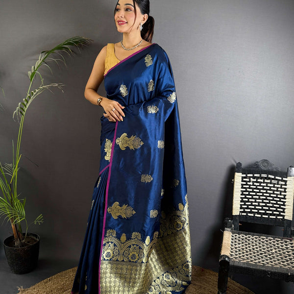 Sonakshi Women'S Blue Pure Lichi Silk With Weaving Zari Traditional Saree With Blouse - Distacart