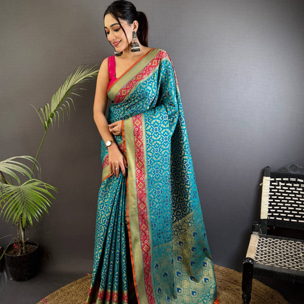 Sonakshi Women'S Teal Banarasi Soft Patola Silk With Meena & Zari Weaving Traditional Saree With Blouse - Distacart
