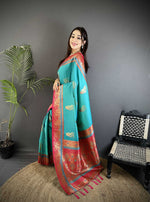 Thumbnail for Sonakshi Women'S Teal Pure Soft Banarasi Silk With Contrast Weaving Border And Pallu Traditional Saree With Blouse - Distacart