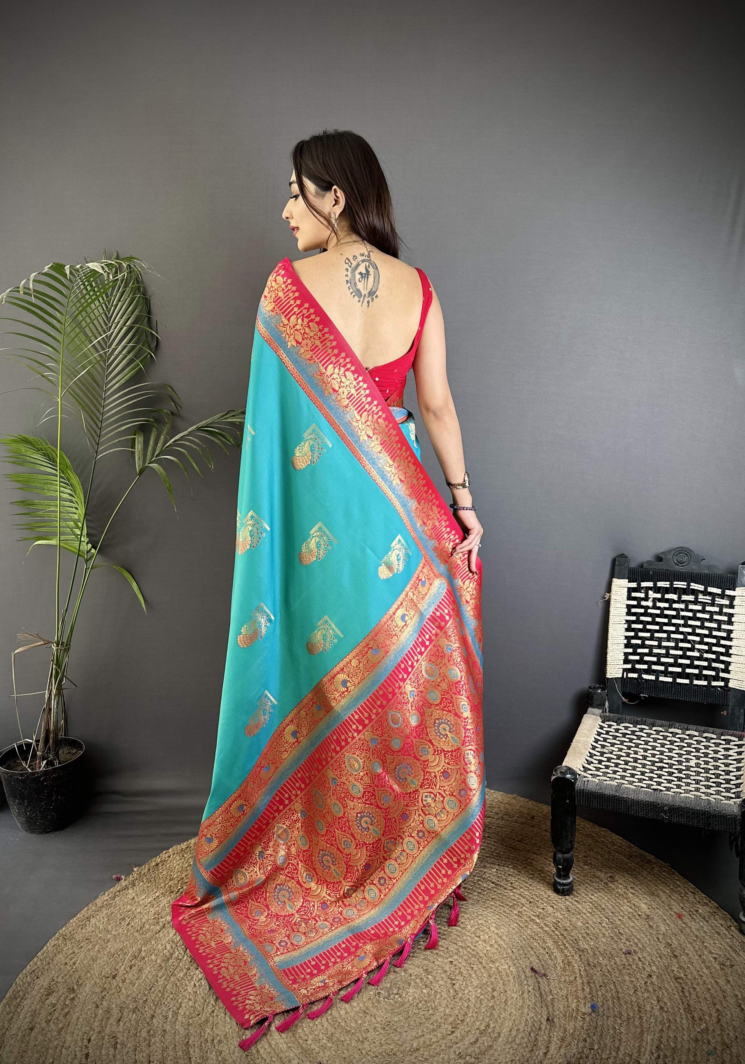Sonakshi Women'S Teal Pure Soft Banarasi Silk With Contrast Weaving Border And Pallu Traditional Saree With Blouse - Distacart
