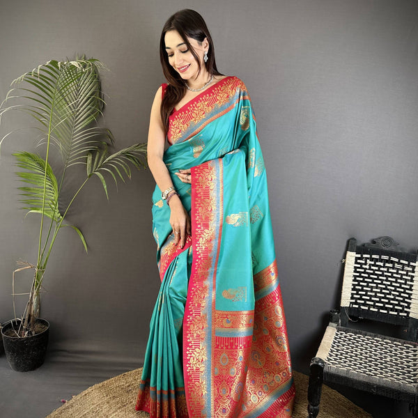 Sonakshi Women'S Teal Pure Soft Banarasi Silk With Contrast Weaving Border And Pallu Traditional Saree With Blouse - Distacart