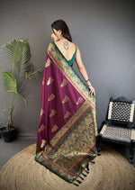 Thumbnail for Sonakshi Women'S Wine Pure Soft Banarasi Silk With Contrast Weaving Border And Pallu Traditional Saree With Blouse - Distacart
