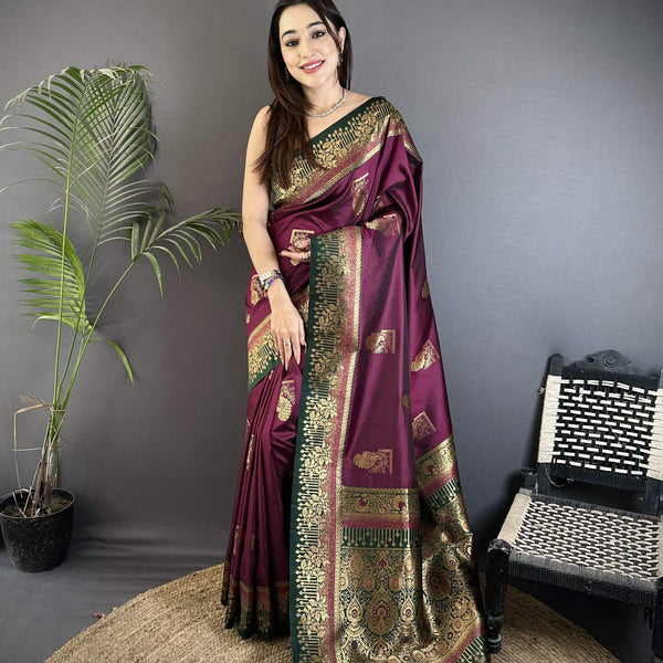 Sonakshi Women'S Wine Pure Soft Banarasi Silk With Contrast Weaving Border And Pallu Traditional Saree With Blouse - Distacart