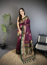 Thumbnail for Sonakshi Women'S Wine Pure Soft Banarasi Silk With Contrast Weaving Border And Pallu Traditional Saree With Blouse - Distacart