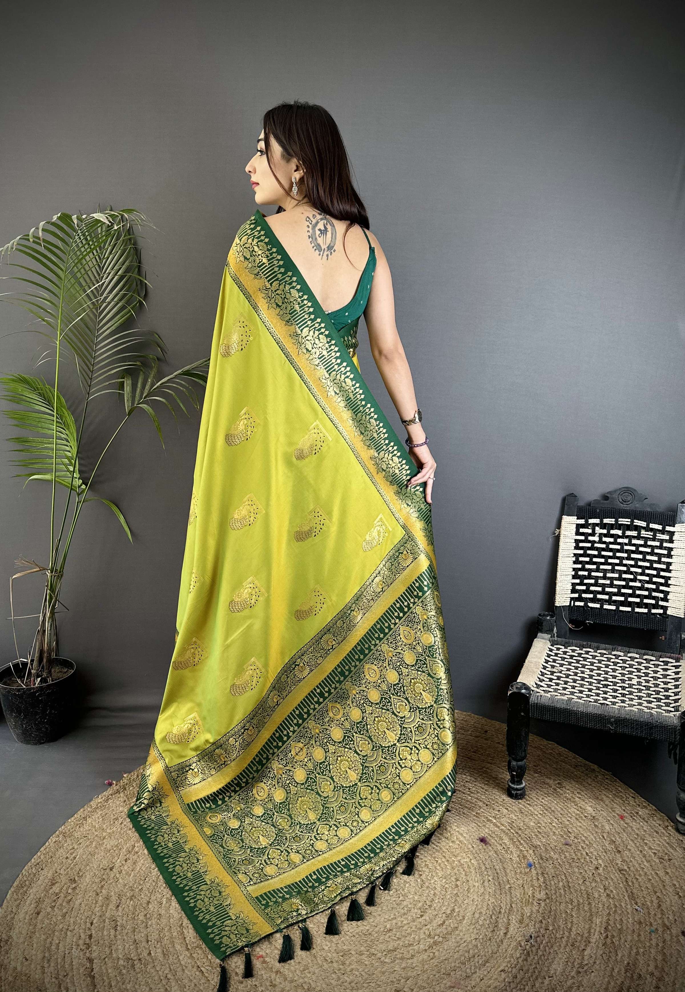 Sonakshi Women'S Mehendi Pure Soft Banarasi Silk With Contrast Weaving Border And Pallu Traditional Saree With Blouse - Distacart