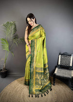 Thumbnail for Sonakshi Women'S Mehendi Pure Soft Banarasi Silk With Contrast Weaving Border And Pallu Traditional Saree With Blouse - Distacart