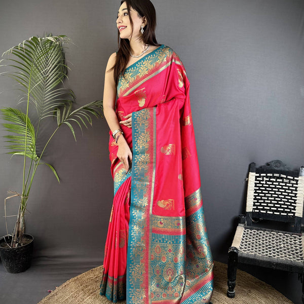 Sonakshi Women'S Ranipink Pure Soft Banarasi Silk With Contrast Weaving Border And Pallu Traditional Saree With Blouse - Distacart
