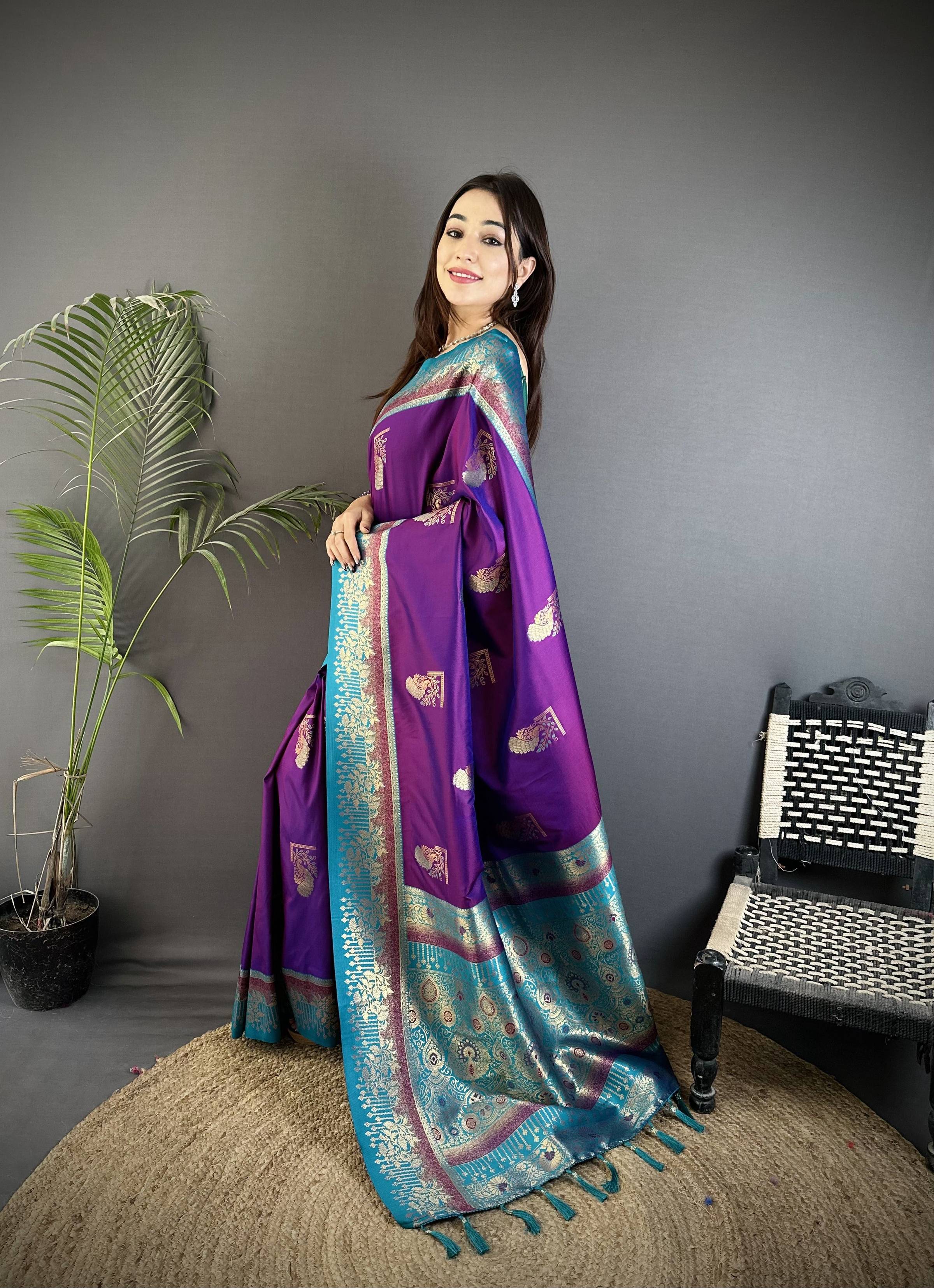 Sonakshi Women'S Blue Pure Soft Banarasi Silk With Contrast Weaving Border And Pallu Traditional Saree With Blouse - Distacart