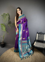 Thumbnail for Sonakshi Women'S Blue Pure Soft Banarasi Silk With Contrast Weaving Border And Pallu Traditional Saree With Blouse - Distacart
