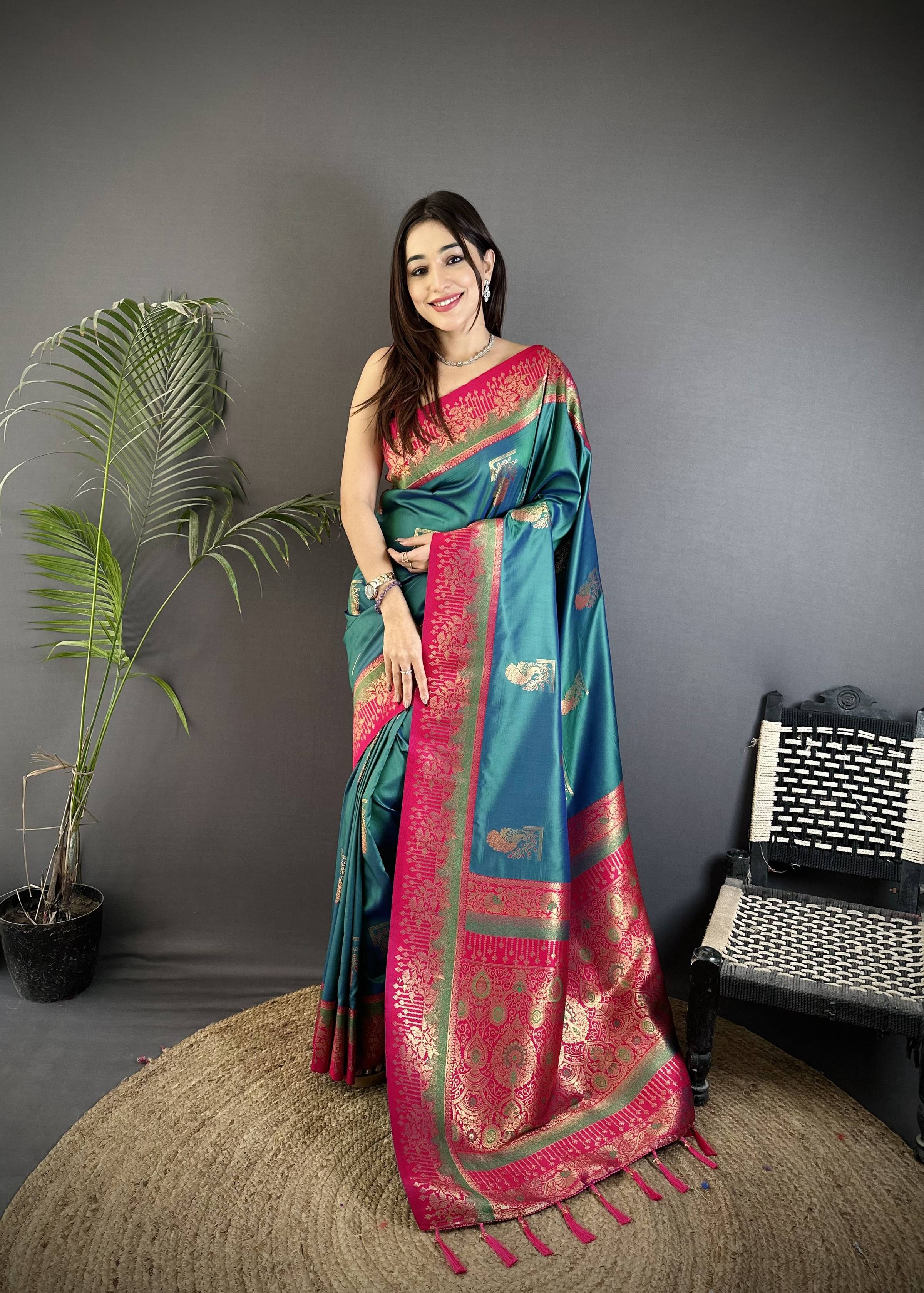 Sonakshi Women'S Teal Pure Soft Banarasi Silk With Contrast Weaving Border And Pallu Traditional Saree With Blouse - Distacart