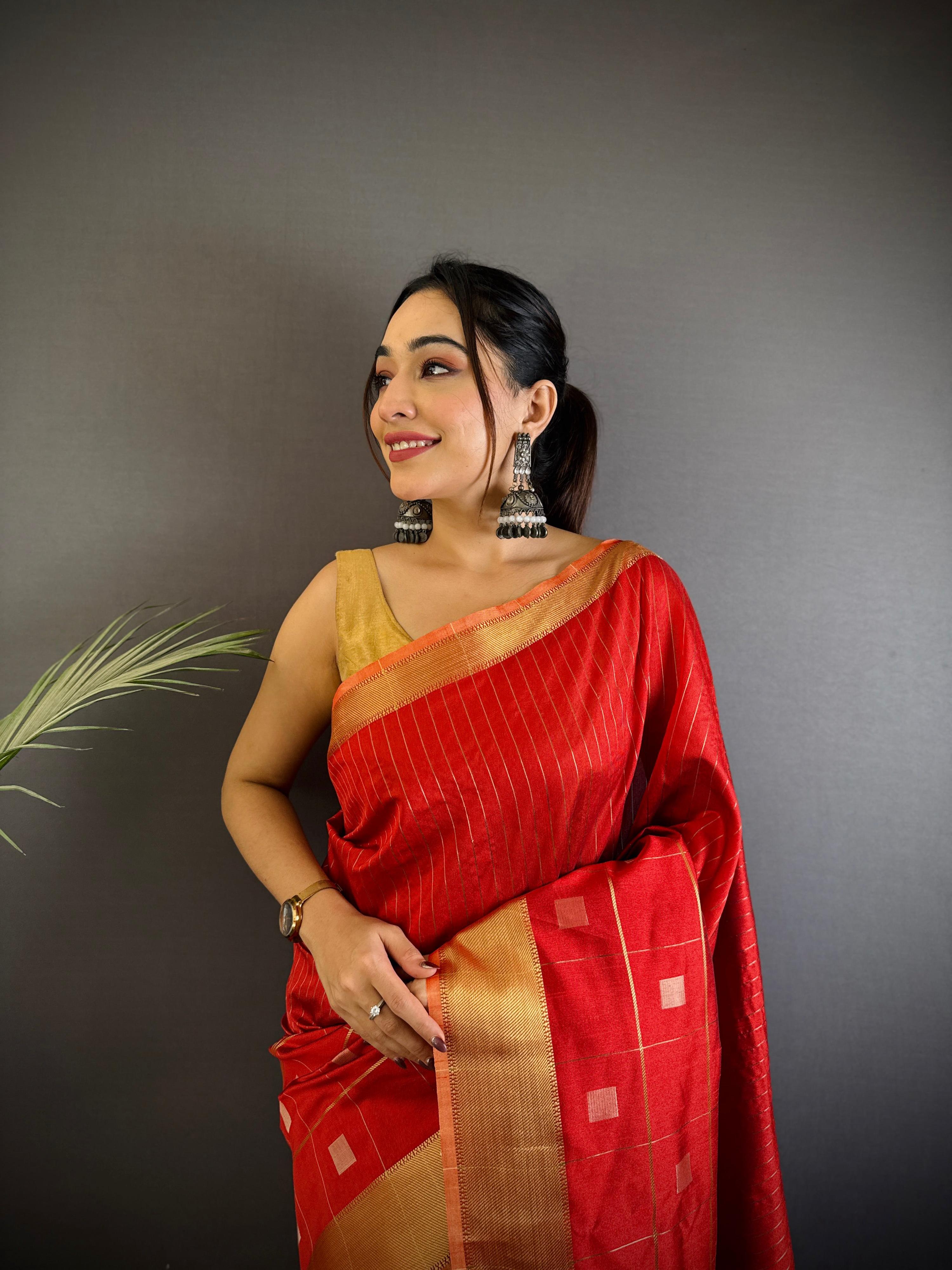 Sonakshi Women's Red Soft Cotton Silk Golden Zari Weaving Traditional Saree with Blouse - Distacart