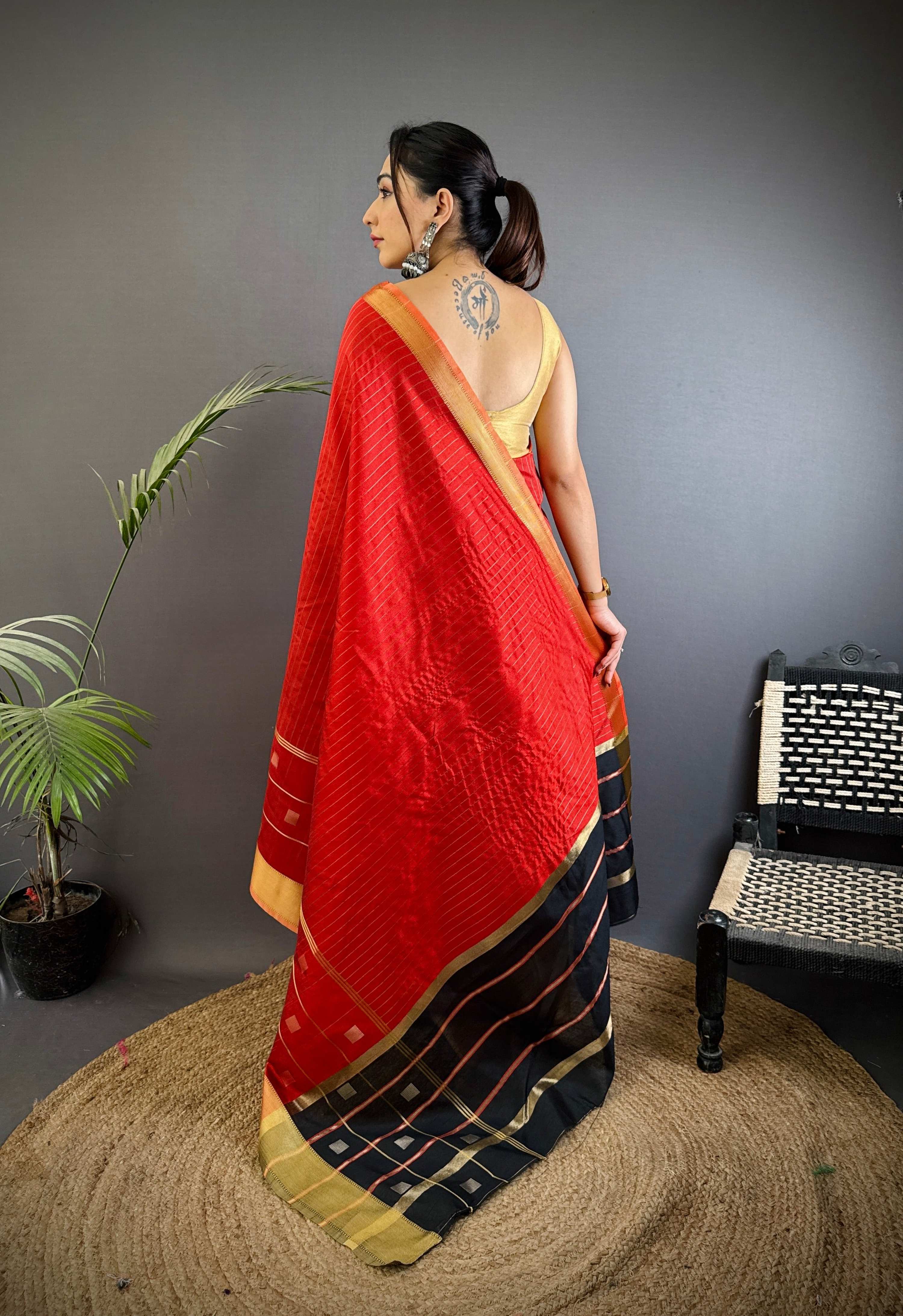 Sonakshi Women's Red Soft Cotton Silk Golden Zari Weaving Traditional Saree with Blouse - Distacart
