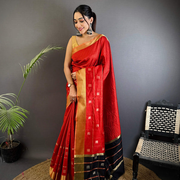 Sonakshi Women's Red Soft Cotton Silk Golden Zari Weaving Traditional Saree with Blouse - Distacart