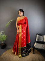 Thumbnail for Sonakshi Women's Red Soft Cotton Silk Golden Zari Weaving Traditional Saree with Blouse - Distacart