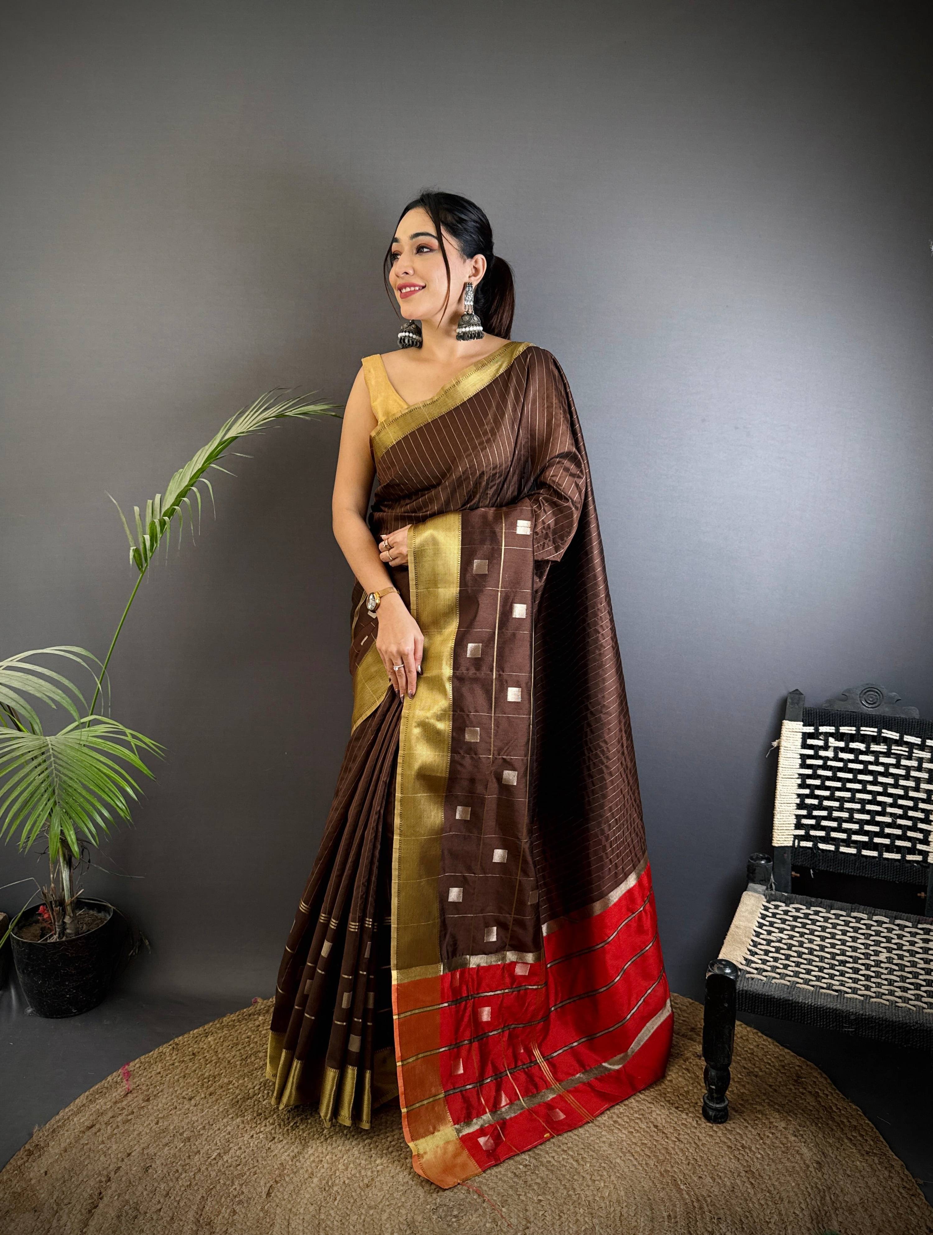 Sonakshi Women's Coffie Soft Cotton Silk Golden Zari Weaving Traditional Saree with Blouse - Distacart