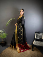 Thumbnail for Sonakshi Women's Black Soft Cotton Silk Golden Zari Weaving Traditional Saree with Blouse - Distacart